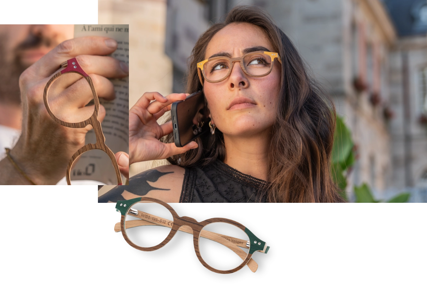 Photo de plusieurs paires de lunettes bois et vert, rouge et jaune